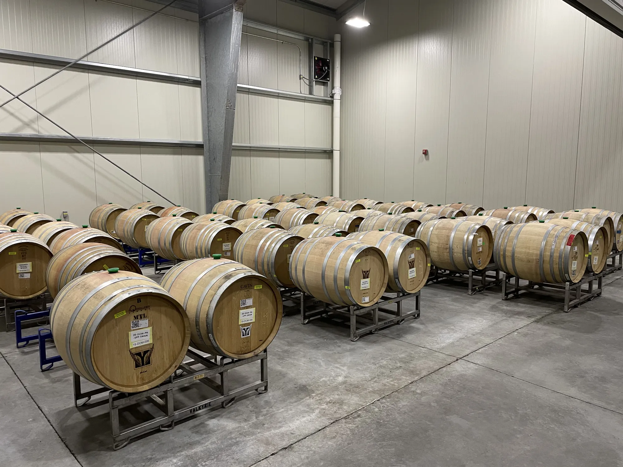Wine production at Sugarloaf Wine Co., wine barrel storage